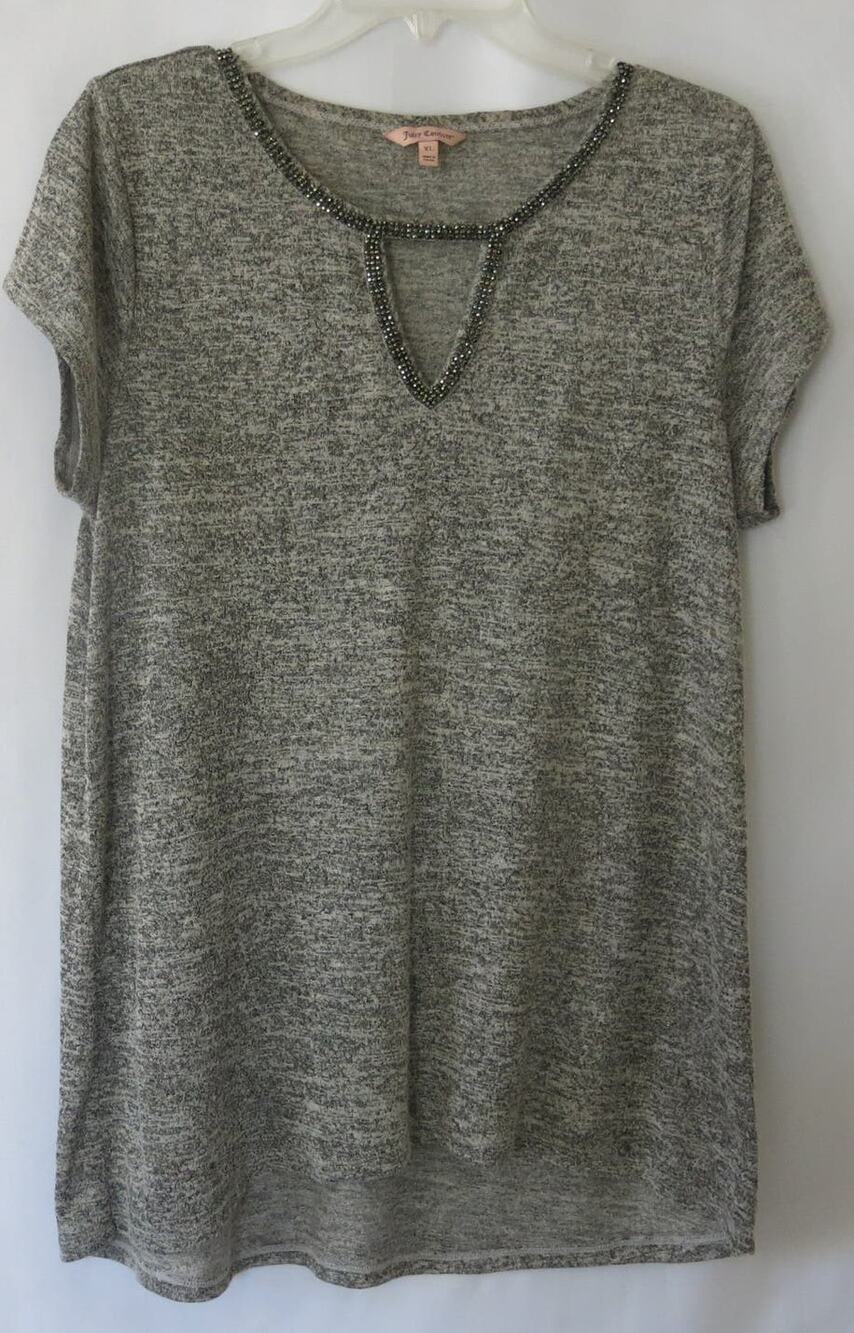 JUICY COUTURE Keyhole Neck Short Sleeve Top Size XL Women Bling Heather Black